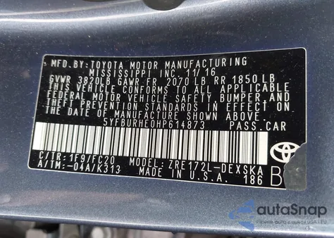 2017 Toyota Corolla Se from USA, damaged, VIN 5YFBURHE0HP614873